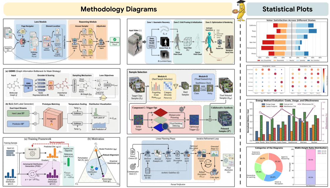 Examples of methodology diagrams and statistical plots generated by PaperBanana
