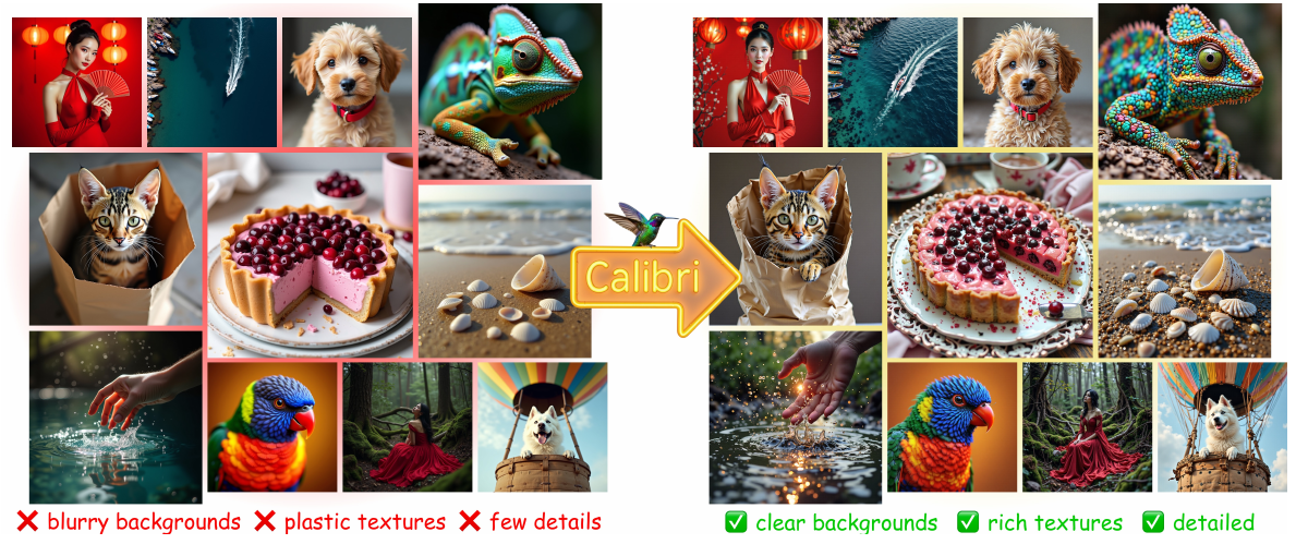 Figure 1. Before and after applying Calibri: blurry backgrounds and plastic textures are replaced with clear backgrounds and rich textures.