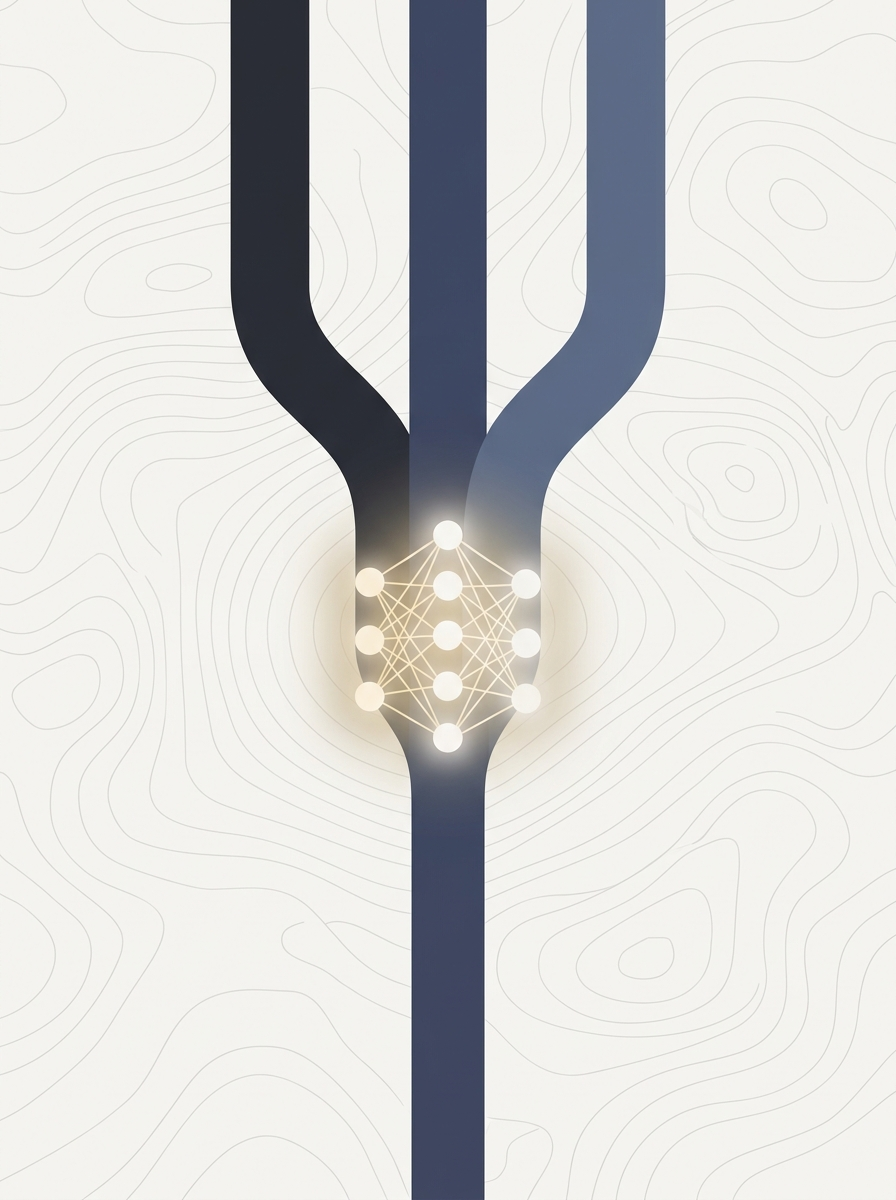 Abstract illustration of three data streams converging into a neural network node, representing DataFlex unified training paradigm