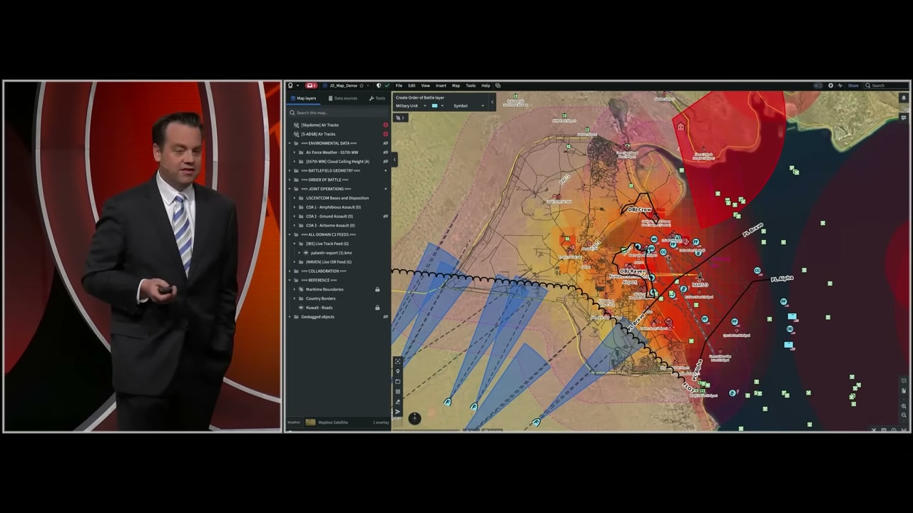 Palantir Maven Smart System geospatial map with threat cones and military symbols