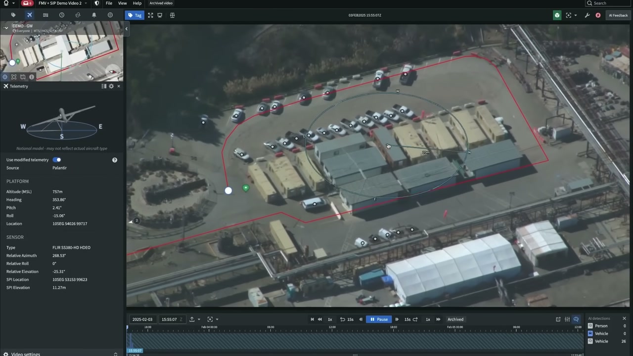 FMV feed with AI vehicle detection bounding boxes